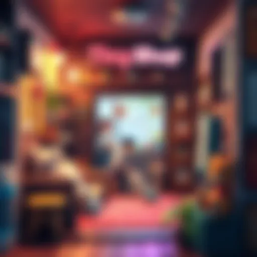 A cozy small store with various decorations and happy customers interacting with pets inside the shop.