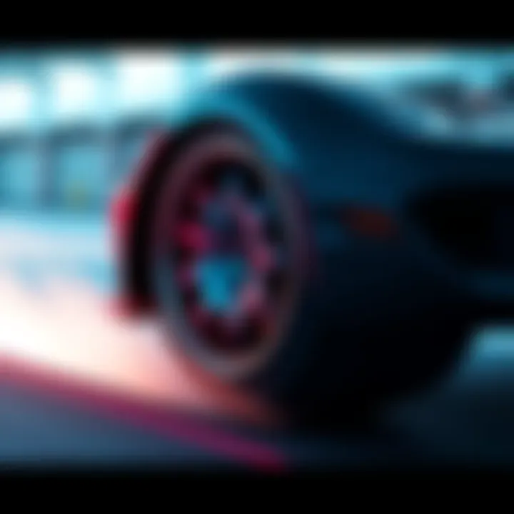 A visual representation of tire animation showcasing mipmapping and Alpha Cutout techniques, with a car in motion