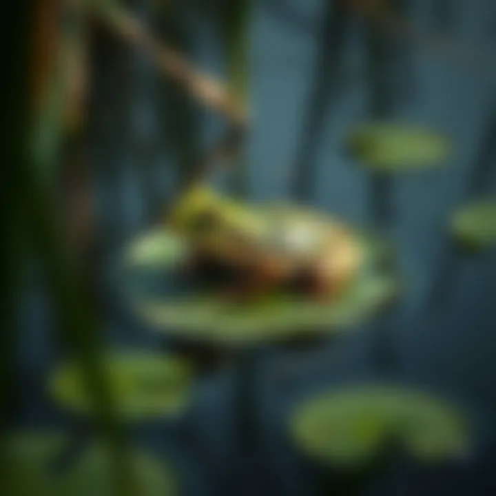 A green toad resting on a lily pad in a calm pool of water surrounded by reeds and leaves.