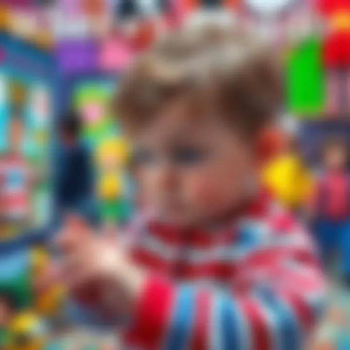 A toddler looks at a colorful Where's Waldo game featuring familiar characters, excitedly searching for them within a busy scene.