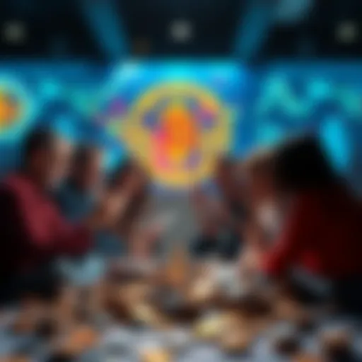 A group of people discussing creative ideas while holding tokens in their hands, surrounded by tokens and notes.
