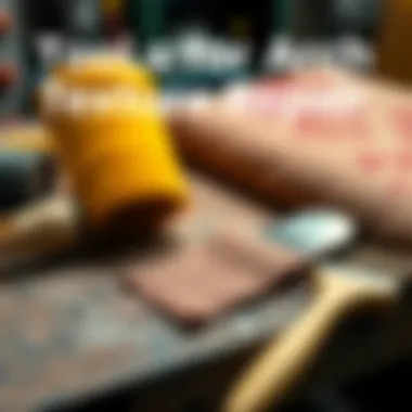 A set of tools including sandpaper, a trowel, and a paintbrush arranged on a workbench, ready for arch texture enhancement