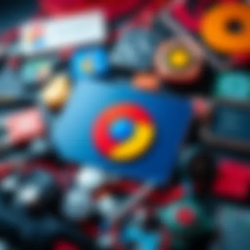 Tools for Chrome Extensions A collection of popular tools and resources for creating Chrome extensions, featuring coding icons and user interface elements.