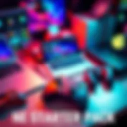 A collection of essential game development tools including a laptop, game controller, and design software icons on a desk