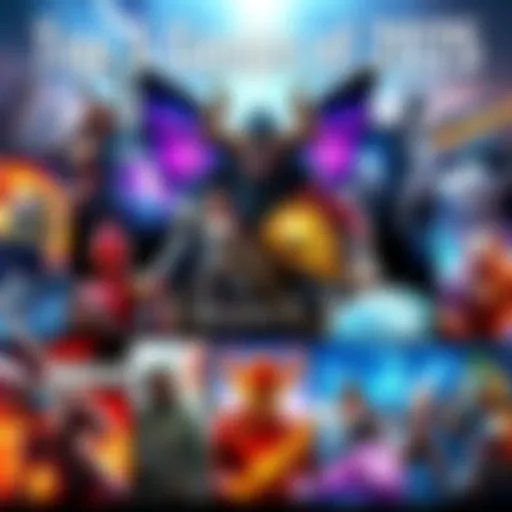 A collage of popular video game covers from 2025 including Hades 2 and Potionomics, showcasing vibrant art styles and characters