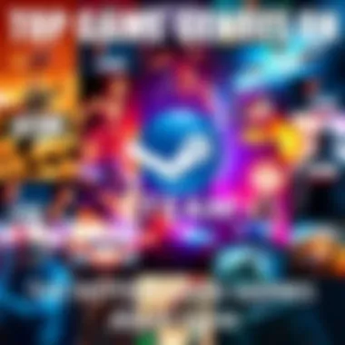 A colorful collage showing popular game genres like adventure, action, and strategy with Steam logo