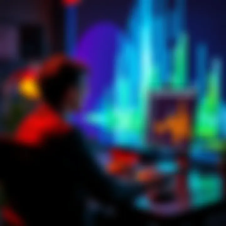 A person sitting at a computer, looking at colorful audio-reactive visuals on the screen, considering taking a TouchDesigner course.