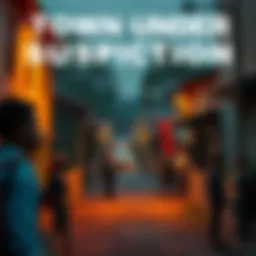 A quiet town street with anxious residents glancing around, hinting at a potential murder threat looming.