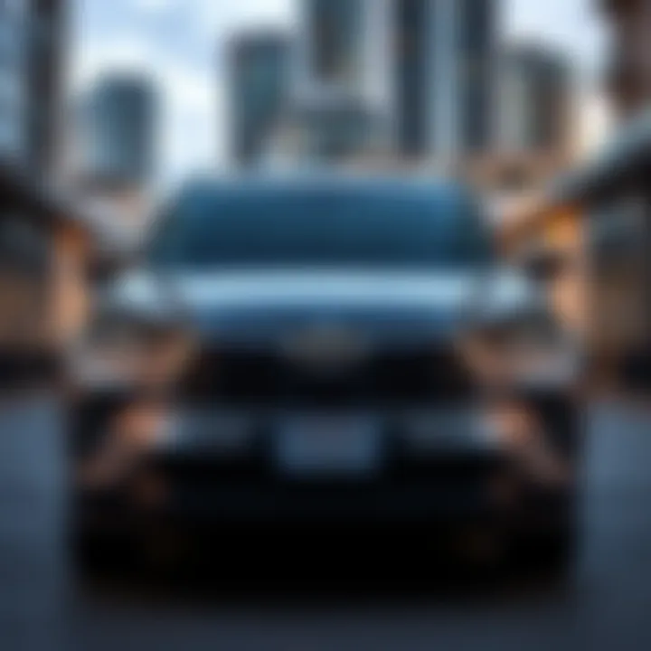 Front view of the new Toyota Electric Highlander parked in a modern urban setting, showcasing its sleek design and electric features.