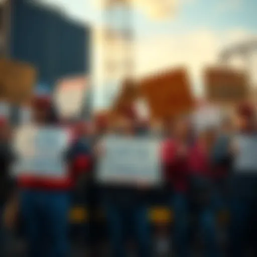 A group of trade union workers holding signs at a rally opposing data center projects