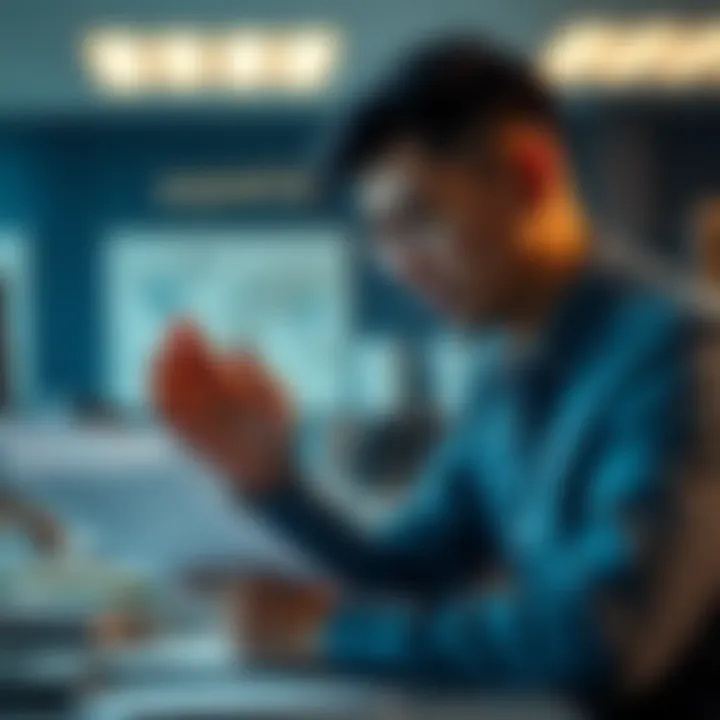A university faculty member looks worried while reviewing trademark documents and academic project materials in an office setting.