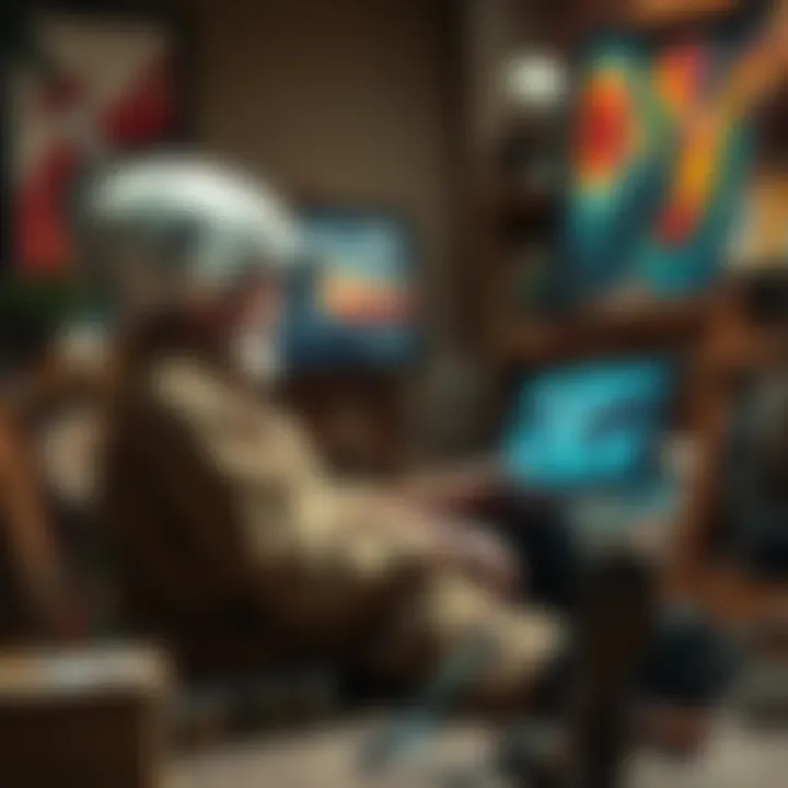 A seasoned artist painting in their studio, surrounded by traditional art supplies and a digital tablet showing AI-generated art, reflecting on their journey from opposing to embracing all forms of cr...