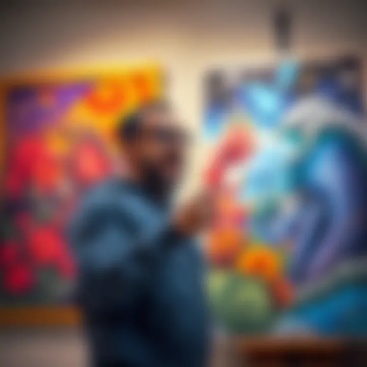 An anti-art supporter passionately arguing against AI art while showcasing vibrant traditional paintings, highlighting the skill involved