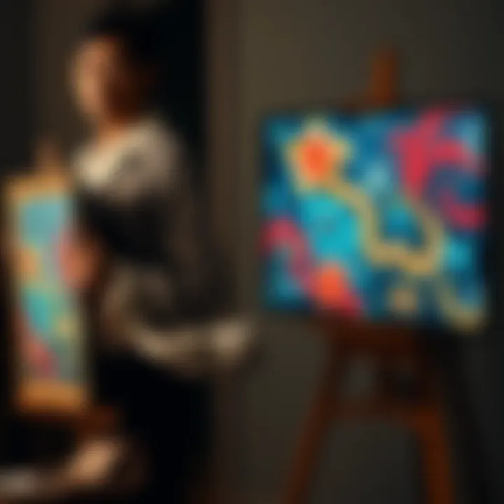 An artist painting on canvas next to a digital screen displaying AI-generated art.