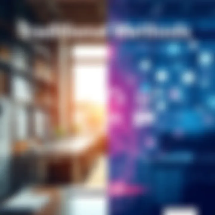 A split image showing a traditional office setting with paper documents on one side and a modern workspace with AI technology on the other