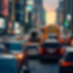 A crowded city street filled with cars stuck in traffic during rush hour.