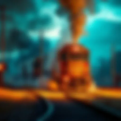 A fictional depiction of a train wreck in a Michigan town, illustrating a chaotic scene with smoke and debris