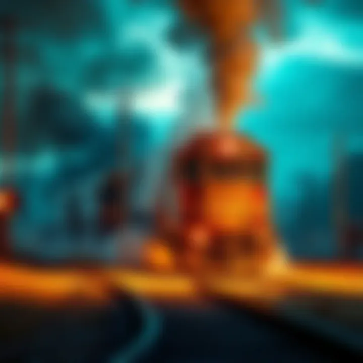 A fictional depiction of a train wreck in a Michigan town, illustrating a chaotic scene with smoke and debris
