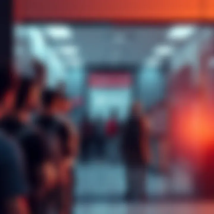 A group of people looking hesitant outside a training room with signs indicating a training session happening inside