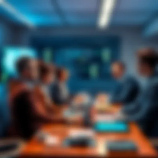 A group of executives participating in an AI training program at a university, focused on technology and learning, with a classroom setting featuring digital screens and modern tools.