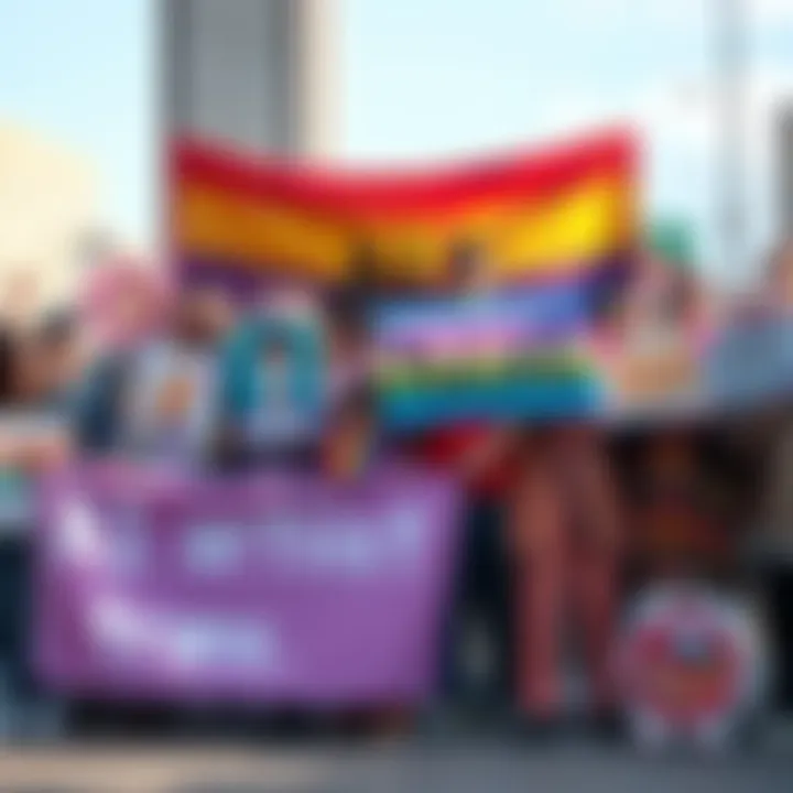 A group of diverse individuals from the trans community holding artwork and banners that promote AI artists and identity validation, showing solidarity and creativity.