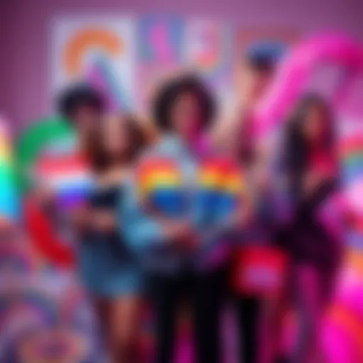 A group of diverse individuals from the trans community holding art supplies and digital devices, showing solidarity with AI artists while surrounded by colorful artwork.