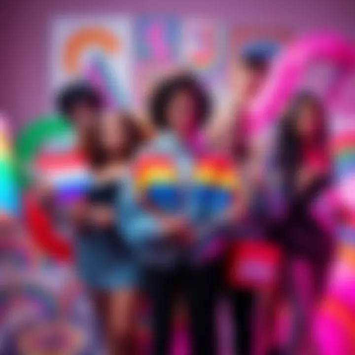 A group of diverse individuals from the trans community holding art supplies and digital devices, showing solidarity with AI artists while surrounded by colorful artwork.