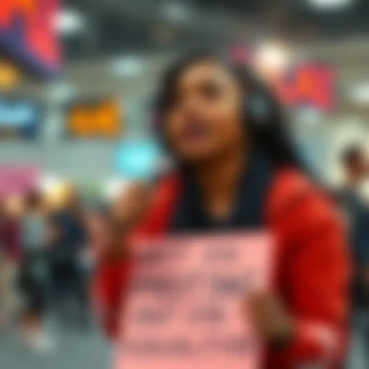 A trans, disabled person of color passionately discussing the impact of the anti-AI movement on marginalized communities while holding a sign promoting technology for equality.