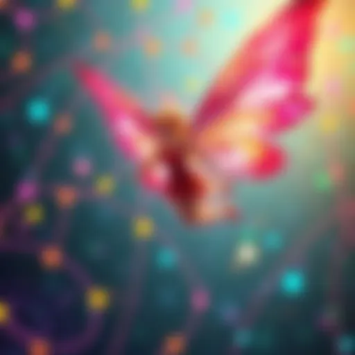 A fairy with vibrant wings flying in a colorful digital world created by DALLE 2.