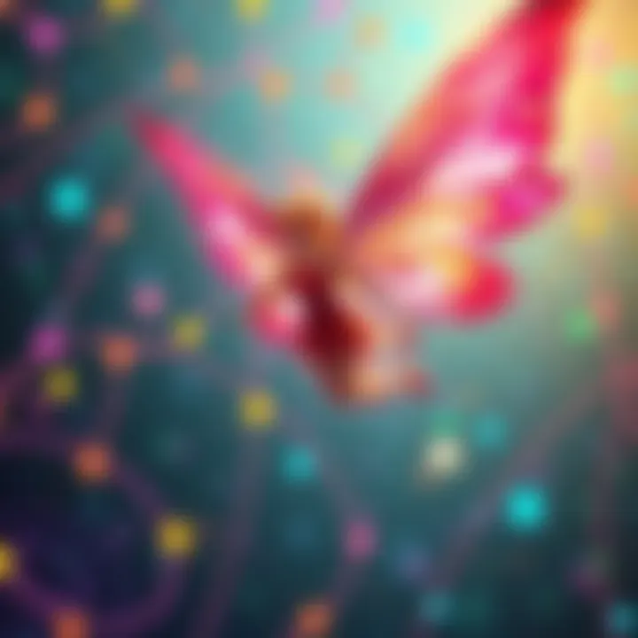 A fairy with vibrant wings flying in a colorful digital world created by DALLE 2.