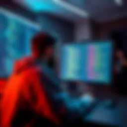 Transitioning from Blueprints to C++ A programmer working on a computer with Unreal Engine code visible on the screen, focusing on transitioning from Blueprints to C++ programming.
