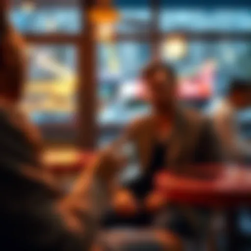 A person sitting at a café, holding a phone with a translation app open, engaging in conversation with a foreign speaker