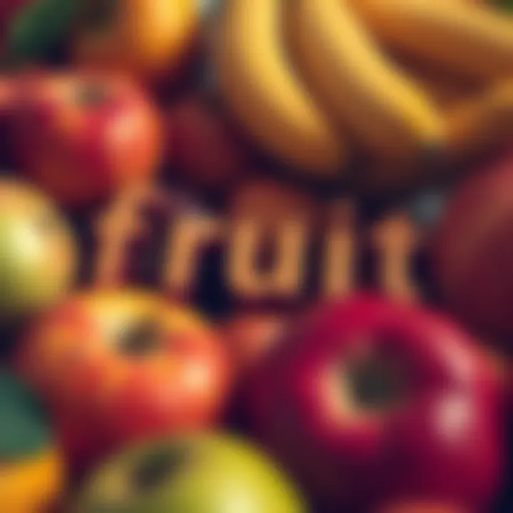 Close-up view of the Hindi word for 'fruit' alongside colorful fruits like apples and bananas