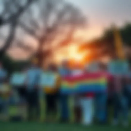 A group of people holding signs promoting tree conservation and environmental awareness in a park setting