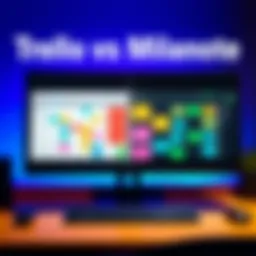 Two project management tools, Trello and Milanote, displayed side by side on a computer screen with colorful boards and notes.