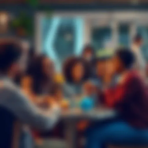 A group of diverse people discussing Overrrd at a café, showcasing their thoughts and reactions.