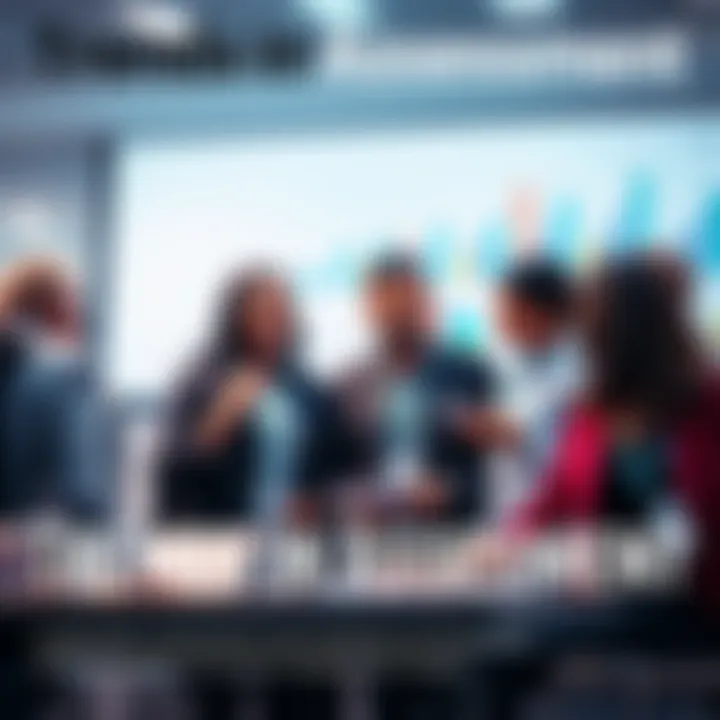 A group of diverse professionals discussing assessment trends with charts and graphs in the background.