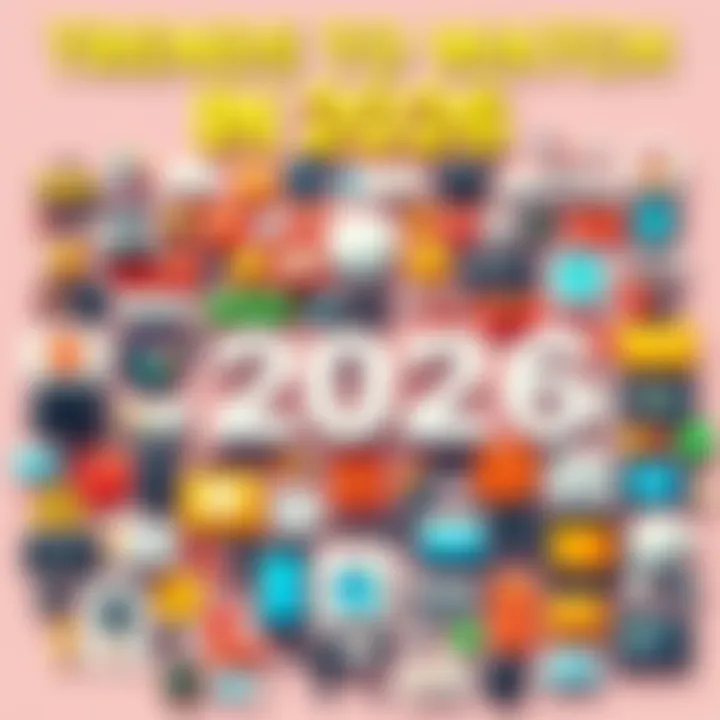 A collage of various icons representing technology, fashion, and lifestyle trends for 2026