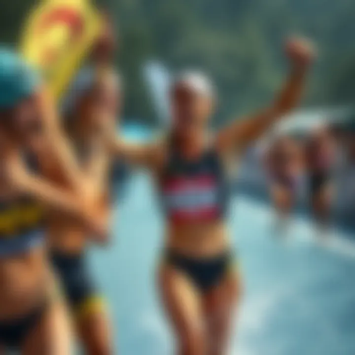 A group of women triathlon winners celebrating with laughter and playful antics after their victory.
