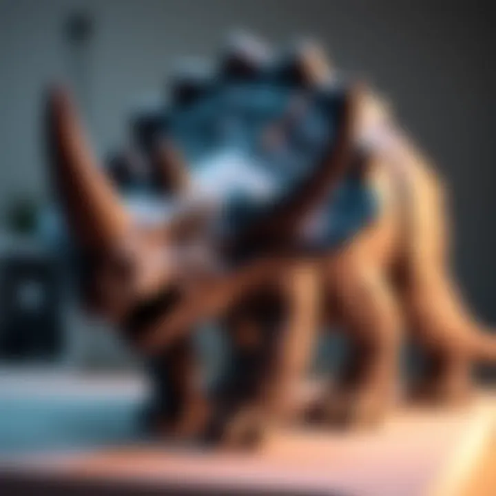 A detailed view of a 3D printed Triceratops sculpture showcasing its horns and body features.