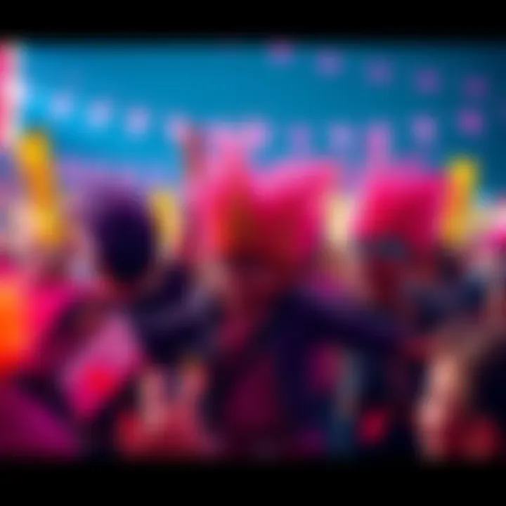 A group of excited fans celebrating Trollz Ruby with colorful banners and merchandise.