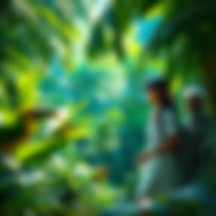 Dr. Sofia Rodriguez walking through a lush tropical jungle, surrounded by green foliage and tropical birds.