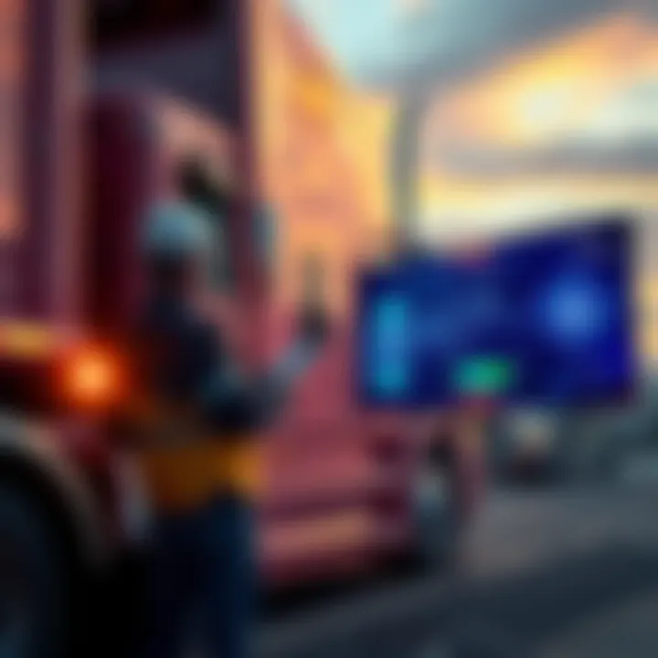 A truck driver stands beside a large rig, looking at a digital display showing AI technology, symbolizing the transition in the trucking industry due to automation.