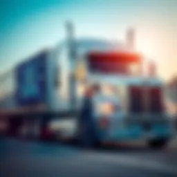 A truck driver stands next to a large truck with an AI interface displayed on a screen nearby, symbolizing the impact of technology on the trucking industry.