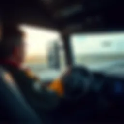 A truck driver sits in their cabin, looking out at the highway with a thoughtful expression.