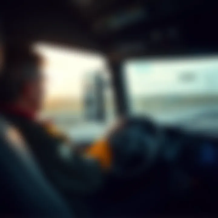A truck driver sits in their cabin, looking out at the highway with a thoughtful expression.