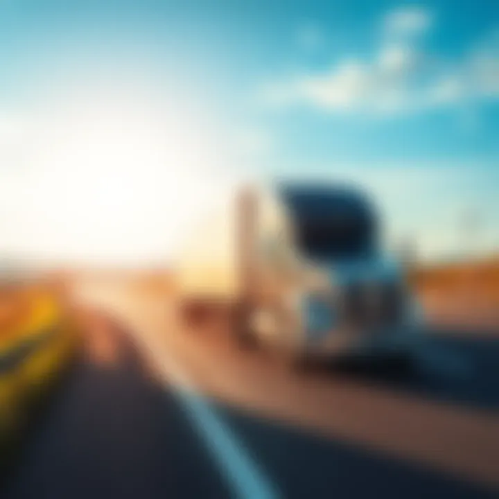 A large truck driving on a highway under a clear sky, symbolizing the trucking industry