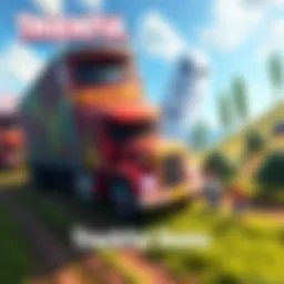 A colorful truck driving through a countryside with trees and hills, featuring characters Rotti and Theresa interacting nearby, while a ghostly truck looms in the background.