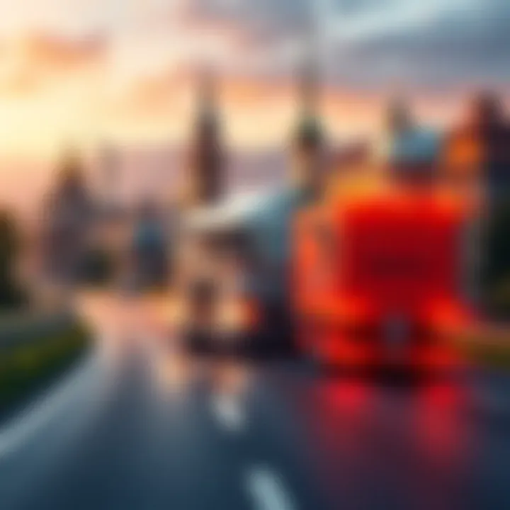 A graphic showing a retro truck driving on a road with Eastern and Western European landmarks in the background, symbolizing a trucking game set in the 80s-90s era.