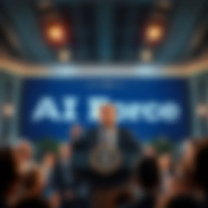 Trump announces AI Force President Trump speaking at a podium with a banner about AI Force behind him, surrounded by supporters and tech leaders
